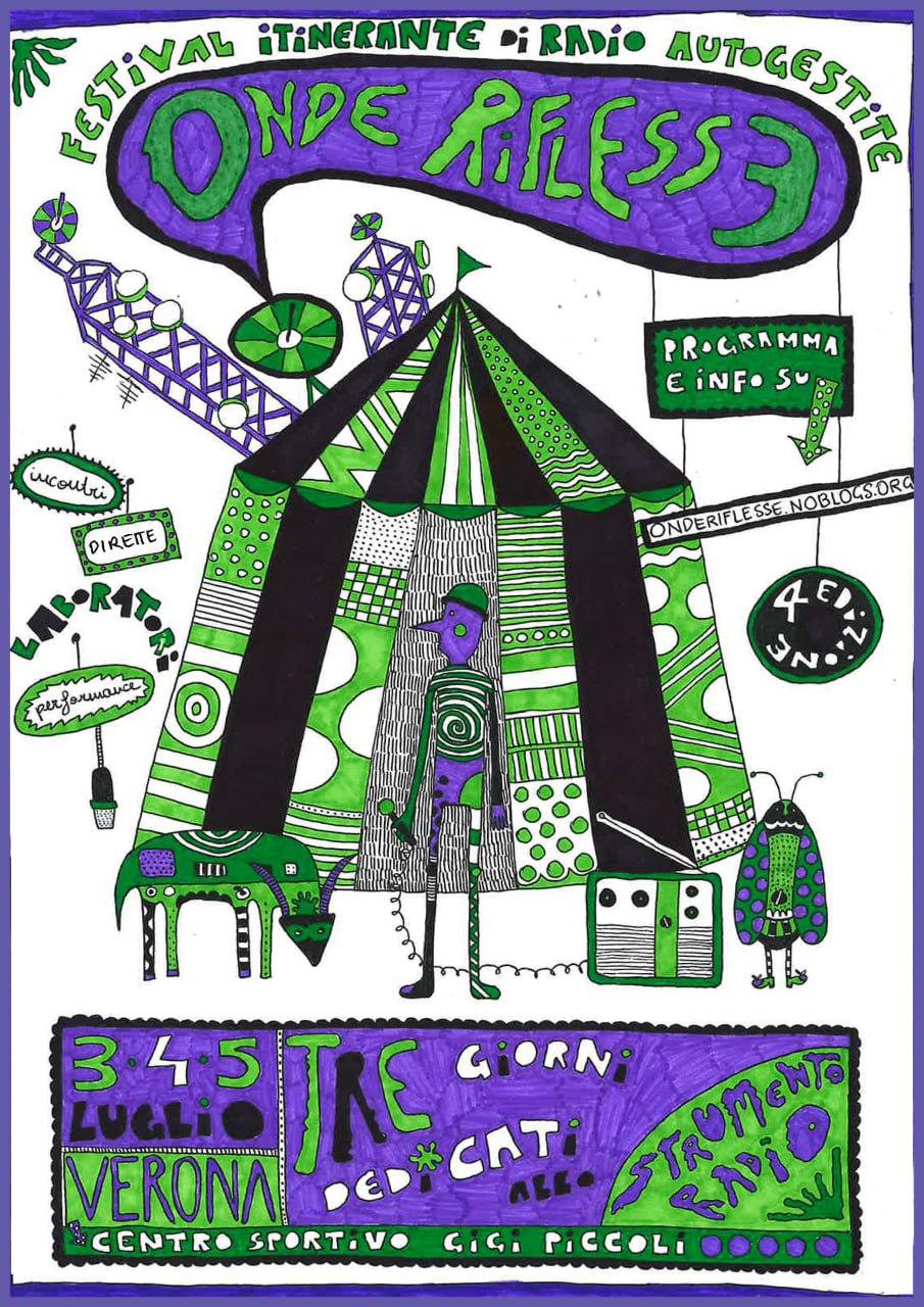 Locandina Onde Riflesse 2026: su un tendone da circo ci sono radio, insetti, dirette.